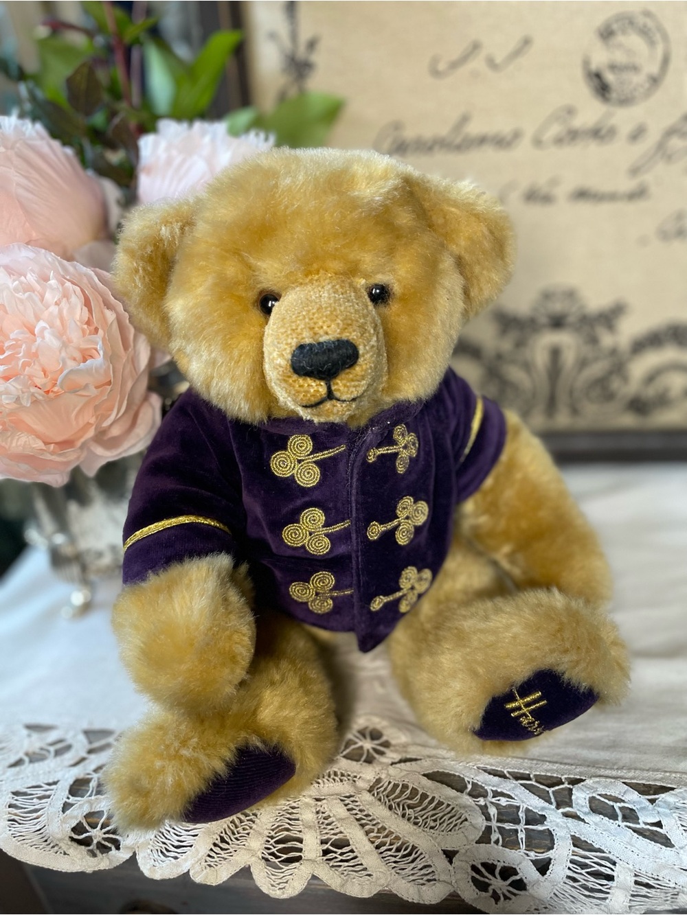 Vintage Harrods London bear stuffed animal plush purple & gold coat
